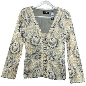 VTG Y2K Axcess Mesh Nylon Ruffle Edge V Neck Long Sleeve Boho Mandala Top Rouged